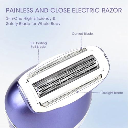 Electric Shavers for Women, 7 in 1 Hair Removal Kit with Epilator Bikini Trimmer Face Razor Body Brush Face Massager Foot Callus Remover, IPX7 Waterproof Lady Razors Set for Legs Armpit Bikini Pubic
