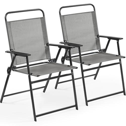 Yaheetech Outdoor Patio Chairs Set of 2, Folding Patio Chairs with Metal Frame, Armrests, Portable Dining Chairs for Camping, Lawn, Garden and Porch, Gray