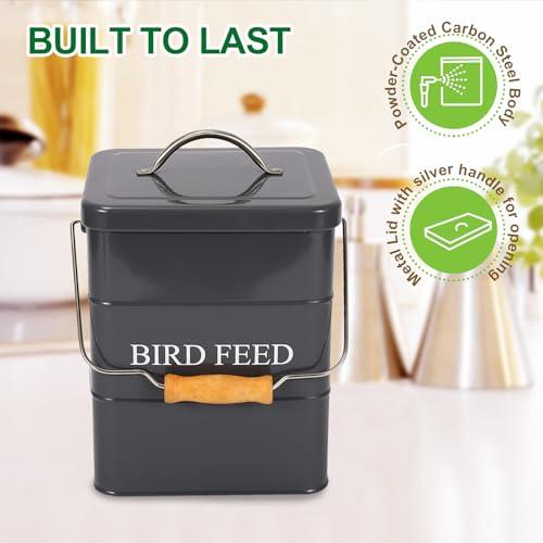 Bird Seed Storage Container Airtight,5~6LB Metal Bird Food Container with Scoop,Wild Birds Feed Tin for Storing Sunflower Seed-Ideal for Outdoor or Indoor-Squirrel proof-Gray