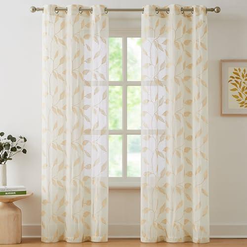 Bujasso Gold Linen Leaf Sheer Curtains Embroidered Floral Farmhouse Light Filtering Window Panels Botanical Sheer Drapes for Living Room Bedroom Grommet