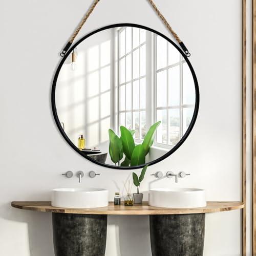 POZINO Round Mirror, 24 Inch Hanging Mirror with Rope, Circle Wall Mirrors, Black Frame Farmhouse Mirrors for Bathroom Bedroom Living Room Entryway Home Decor