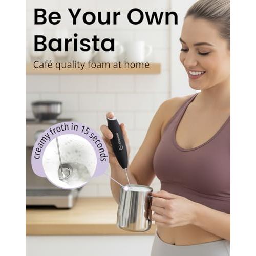 Milk Frother Wand & Electric Stirrer with Stand - Turbo Coffee & Milk Frother Handheld - Hand Held Coffee Mixer Wand & Cold Foam Maker for Frothy Cappuccinos, Lattes & Drink Mixes at Home (Black)