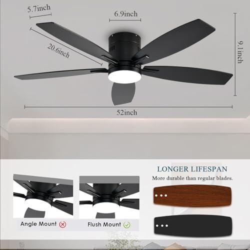 Ceiling Fans with Lights, 52 Low Profile Indoor Ceiling Fan with Light and Remote Control, Dimmable, Noiseless, Reversible, Black Ceiling Fan for Bedroom, Indoor/Outdoor Use