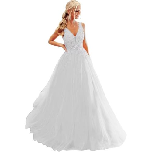 Size M ...Laces Appliques Tulle Prom Dresses V-Neck Beaded Ball Gown Formal Evening Gowns Sleeveless Quinceanera Dress