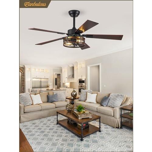 BLACK Farmhouse Ceiling Fans with Light, 48 Inch Bedroom Ceiling Fan with Lights, 6-Speed Adjustable, Quiet and Reversible DC Motor, Dual Finish 5 Blades, Rustic Caged Ceiling Fan for Living Room