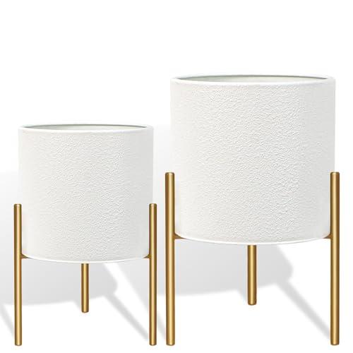 ARNIS Modern Planter Pots, Large Planters with Stand, Set of 2 Metal Planters for Indoor Plants with Drainage Holes for Living Room, Office, Garden or Balcony (White, 10.5 &12.25 Inch)