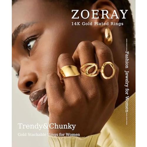 ZOERAY Chunky Gold Rings for Women Non Tarnish Stackable Statement Ring | 14K Gold Plated, Stacking Thumb Ring Set, Signet Open Twist Dome Band Rings, Gold Jewelry Gifts for Women, Size 5 6 7 8 9 10