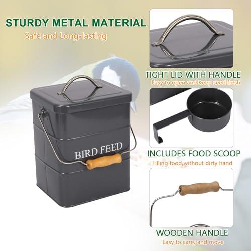 Bird Seed Storage Container Airtight,5~6LB Metal Bird Food Container with Scoop,Wild Birds Feed Tin for Storing Sunflower Seed-Ideal for Outdoor or Indoor-Squirrel proof-Gray