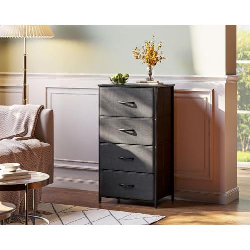 AODK Dresser for Bedroom with 4 Storage Drawers, Small Dressers Chest of Drawers Fabric Dressers with Sturdy Steel Frame, Dresser for Closet with Wood Top, Dark Grey