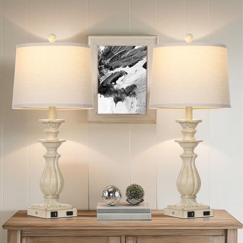 28 Farmhouse Table Lamps Set of 2 for Living Room, 3 Way Dimmable Bedside Lamp with USB C A Ports & AC Outlet, Resin Vintage Tall Nightstand Lamps for Bedroom Office Hallway, Beige