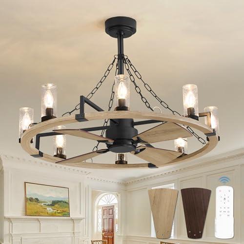 36 Inch Farmhouse Ceiling Fans with Lights Vintage Rustic Chandelier Ceiling Fan with Remote Double-Sided Modern Farmhouse Chandelier for Kitchen Dining Room Living Room Bedroom Indoor