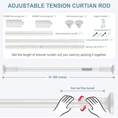 ZOCONE Long Tension Curtain Rod No Drilling, Adjustable 51-168 Inch, White | 1.26 Diameter Heavy Duty Tension Rod, Rust-Proof, Tool-Free, Renter Friendly for Bathroom Window Room Divider Outdoor Patio