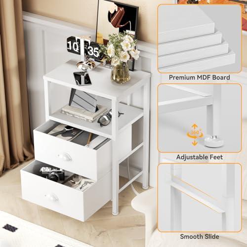 Furologee Nightstands Set of 2, End Tables Set of 2 with Charging Station and LED Lights, White Night Stands with 2 Fabric Drawers, Bedside Tables for Living Room/Bedroom