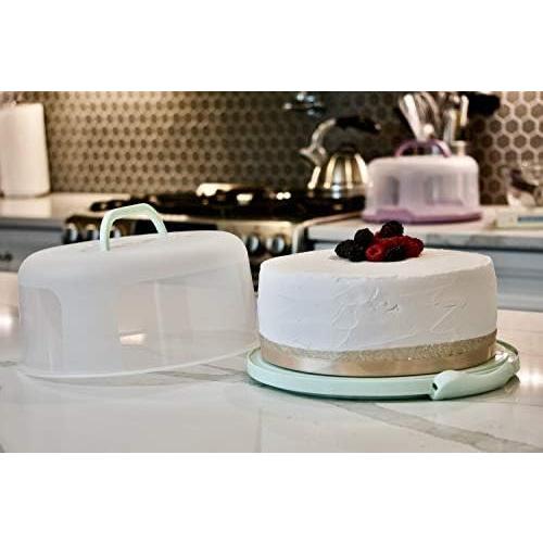 Round Cake Carrier Two Sided Cake Holder Serves as Five Section Serving Tray, Portable Fits 10 inch Cake, Box Comes With Handle, Container Holds Pies (Green)