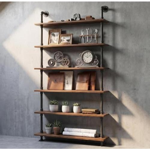 Industrial Pipe Bookshelf, 6 Layer Rustic Modern Wood Ladder Shelf with Metal Frame, Home Decor, Display Shelving, Retro Floating Shelving, 35.4x9.8x79in, 10-20lbs, Pine