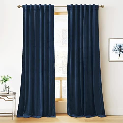 RYB HOME Navy Blue Velvet Blackout Curtains 96 inches Bedroom Living Room