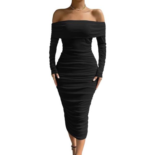 LAGSHIAN Women Medium Black Sexy Off Shoulder Long Sleeve Bodycon Ruched Midi Elegant Cocktail Party Dress