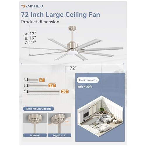 ZMISHIBO 72 inch Smart Aluminium Blade Ceiling Fans with Lights and Remote, Outdoor Large Ceiling Fans with Remote/Alexa/App for Patio Living Room, Nickel Ceiling Fan, 8 Blades