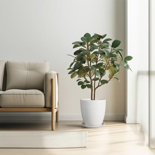 10 Inch Ceramic Planter Pot - Large Plant Pot with Drainage Hole and Saucer, Modern Round Flower Pots for Indoor Outdoor Plants, Garden Planter, White