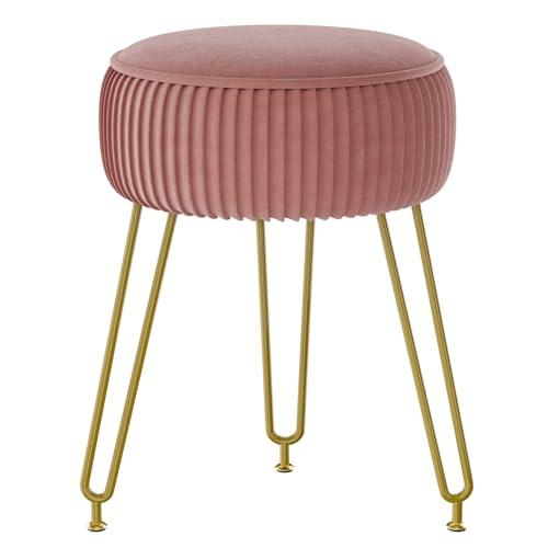 IBUYKE Velvet Round Footrest Ottoman, Makeup Vanity Stool Side Table, Velvet Dressing Table Seat, Pouf Couch Stool, Golden Steel Legs, Pink LG-30P