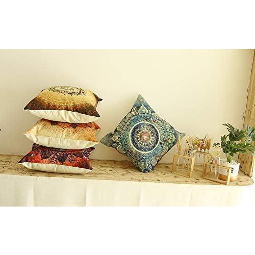 Set of 4 retro cushion covers with compass medallion and floral mandala, bohemian style, boho hippie decor, decorative cushions for sofa or armchair.