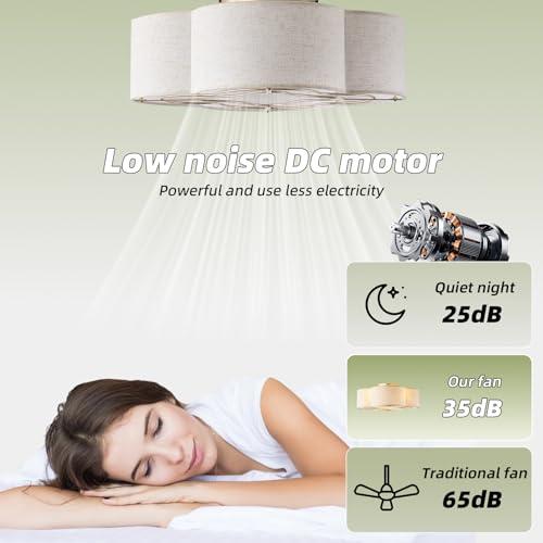 WHITE 20 Boho Ceiling Fan with Light, Rattan Caged Flush Mount Ceiling Fan with Light Remote Control, Enclosed with 6 Speeds for Bedroom, Living Room, Foyer, Nursery (Beige)