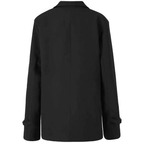 Large Women Black Blazer Metal Buckle Casual Irregular Lapel Long Sleeve Jacket Loose Coat