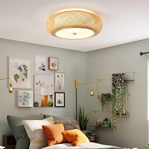 Bamboo Flush Mount Ceiling Light Handwoven Rattan Light Fixture, 3 Lights Boho Ceiling Lamp for Bedroom, Entryway, Foyer (15-inch)