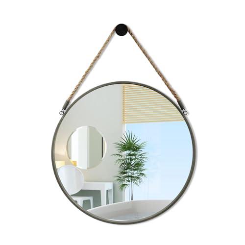 POZINO Round Mirror, Rope Hanging Mirror, 15 Inch Farmhouse Circle Wall Mirror for Bathroom Bedroom Living Room Entryway Home Decor, Grey