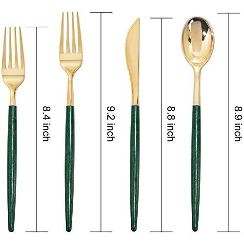 Supernal 180pcs Gold and Green Plastic Silverware Extra Heavy Duty Gold Plastic Cutlery with Green Glitter Handle Disposable Flatware for Parties, Weddings, and Outdoor Events