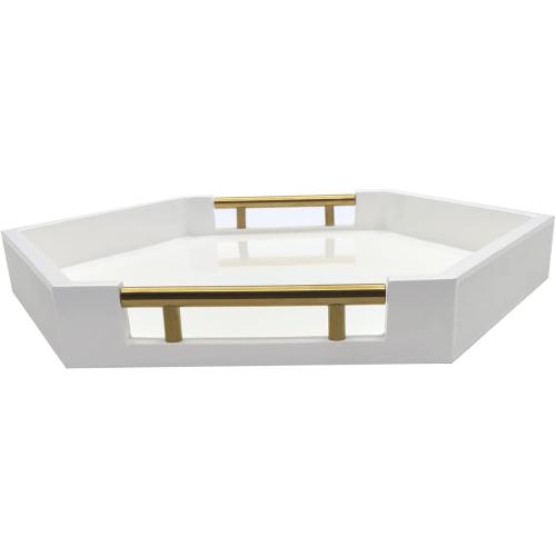 Serving Tray with Polished Metal Handles, Hexagon Coffee Table Tray, Modern Rectangle Decorative Tray, Large Ottoman Tray, Perfect for Storage and Display (White Hexagon)