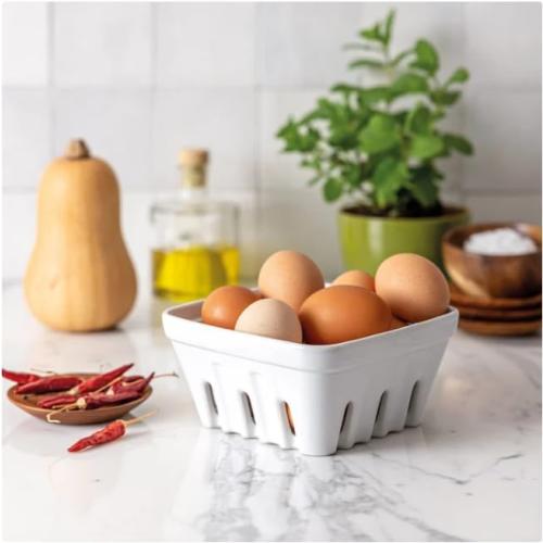 Over&Back 3-Piece Multipurpose Berry Baskets (White) - Stackable Stoneware Fruit Bowls with Integrated Colander Strainer Holes - Farmhouse Kitchen Decor, Reusable Produce Saver