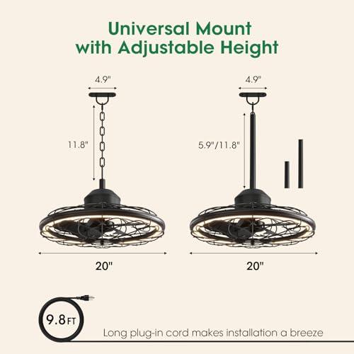 20 Outdoor Ceiling Fan, IP65 Waterproof Gazebo Fan with Light, Remote Control，6 Speeds，3CCT, Plug in Caged Ceiling Fan with Hanging Hook for Patio, Porch, Canopy