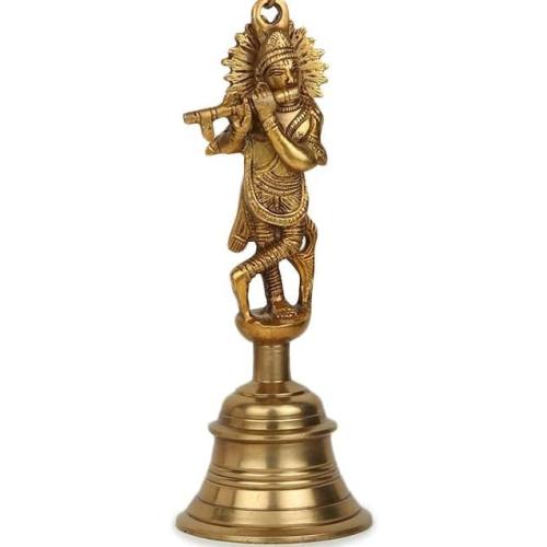 Nams Indian Handicraft Pure Brass Lord Krishna Bell for Home Temple, Mandir Pooja Room Auspicious Décor Traditional Hanging Bell for Positive Vibes & Spiritual Ambience (68.5 x 8.5 cm)