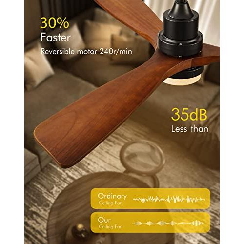 Ceiling Fans with Lights, 60 Wood Ceiling Fan with Remote Control, 3 Walnut Fan Blades Reversible Quiet DC Motor 6 Speeds Timing Farmhouse Ceiling Fan for Bedroom/Living Room/Study/Porch