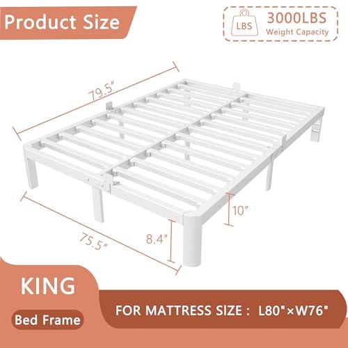 10 Inch King Size Bed Frame with Metal Baffles, White King Bed Frame No Box Spring Needed, Heavy Duty Steel Platform Support, Storage Space, Reserved Holes, Round Corner Legs, Noiseless