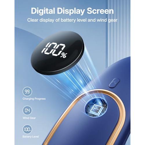 SHEWIND Portable Neck Fan - Hands Free Personal Fan, Rechargeable Bladeless Fan with 5000mAh-Battery, Digital Display, 4 Speeds, Birthday Gifts for Men, Women, Mom, and Dad - Blue