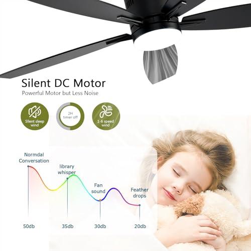 Ceiling Fans with Lights, 52 Low Profile Indoor Ceiling Fan with Light and Remote Control, Dimmable, Noiseless, Reversible, Black Ceiling Fan for Bedroom, Indoor/Outdoor Use