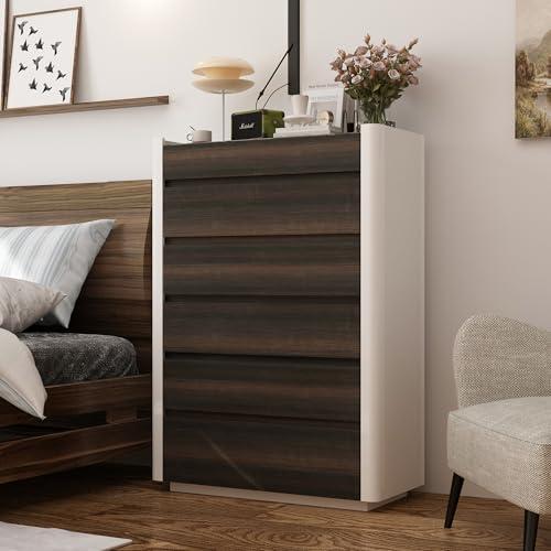 Tall Dresser with 5 Handleless Drawers & 3 Color LED Light, Modern Chest of Drawers with Glass Top & Wood Grain for Bedroom Living Room, Brown & White