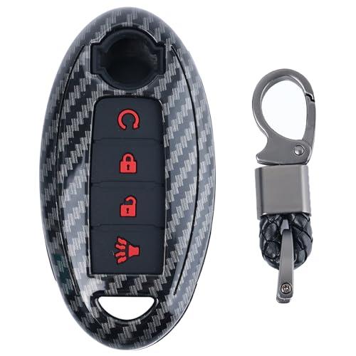 for Nissan Key Fob Cover with Key Chian 4 Button for Nissan 370Z Altima Maxima Murano Pathfinder Rogue Sentra Versa Titan GT-R Leaf Case Fob Shell Cover for Nissan Black