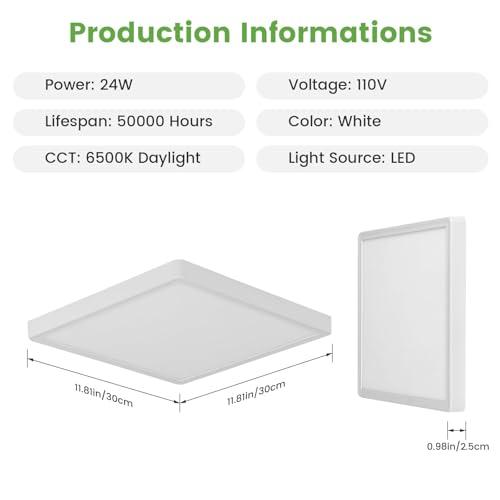 white Goeco 12 Inch Square Flush Mount LED Ceiling Light, 24W 6500K Daylight Cool White, Super Bright Surface Mount Ceiling Light Fixture for Bedroom, Living Room, Kitchen, Bathroom, Laundry Room, Closet