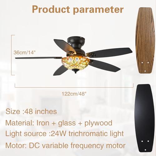 Size 48 Color Brown Tiffany Ceiling Fans with Lights - 48 Ceiling Fan Chandelier with 5 Dual-Blades and Glass Shade, 6 Speeds and Reversible, Indoor and Outdoor, Retro Style