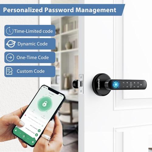 Fingerprint Door Lock Biometric Door Knob with Keypad Keyless Entry, 5-in-1 Door Locks for Bedrooms(Fingerprint/App/Code/Key/IC Card), Home Hotel Office Apartment Black