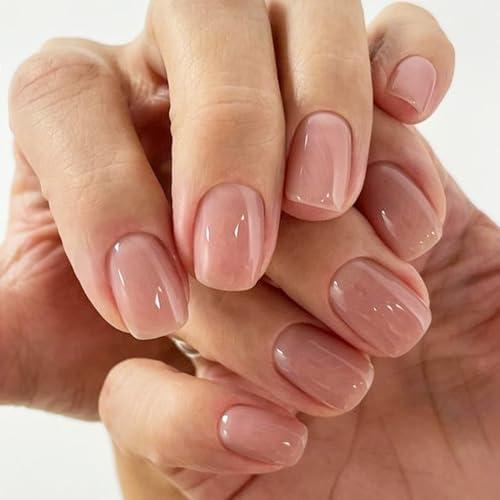 GLAMERMAID Nude Pink Press on Nails Short, Cinnamon Fake Nails Round Sqaure