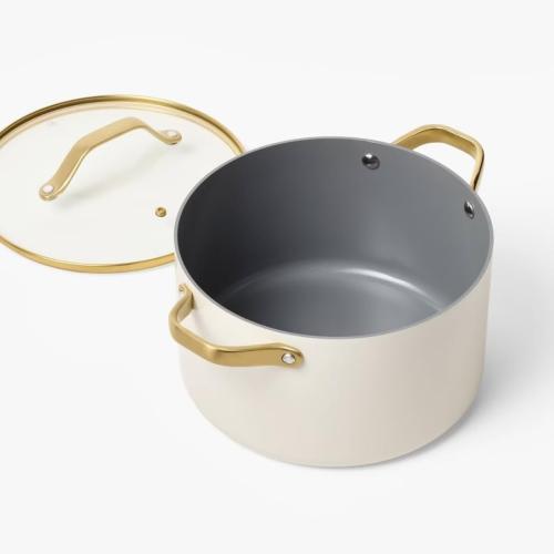 6qt Nonstick Ceramic Stock Pot with Glass Lid, Large Induction Compatible Soup Pot, Oven Safe & Dishwasher Safe, 9.6-Inch Aluminum Dutch Oven with Champagne Gold Handles, Cream