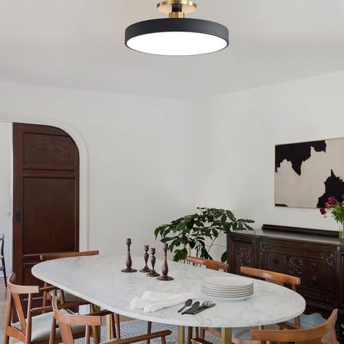 Modern LED Semi Flush Mount Ceiling Light Black 48W Mid Century Flush Mount Ceiling Lamp Acrylic Hallway Ceiling Light Nordic Vintage Round Ceiling Lights Fixtures for Bathroom Porch Bedroom