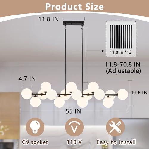 Black 55 x 11.8 x 82.6 Linear Chandeliers for Dining Room, 55in Large Modern Globe Chandelier 16-Light Large Pendant Lights Kitchen Island Lighting with Milk White Glass Sputnik Chandelier Bubble Sputnik Light Fixture