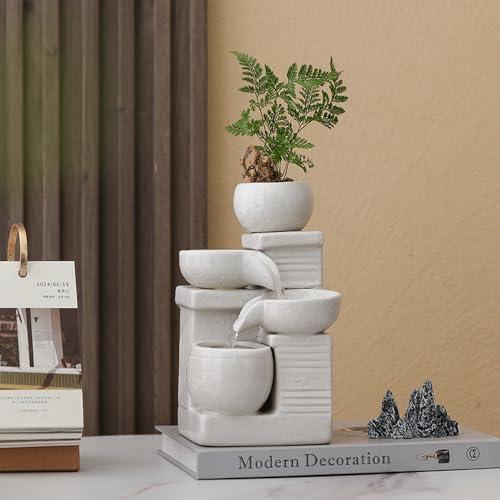 Indoor and Outdoor Tabletop Desktop Fountain Water Feature Home and Garden Ceramic Decoration (White S094)