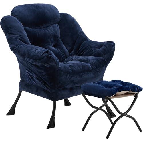 Fabric Lazy Chair with Ottoman, Oversized Upholstered Sofa Chair for Adults, Plush Comfy Lounge Chair with Large Side Storage Pocket, Reading Chair for Living Room, Bedroom, Office, Navy Blue