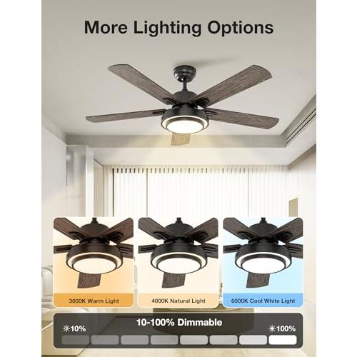 warmiplanet Ceiling Fans with Lights and Remote Control, 52 Inch, 6 Speeds Reversible DC Motor, 3 Color Dimmable Light, Timer, Noiseless, Black, 5 Blades